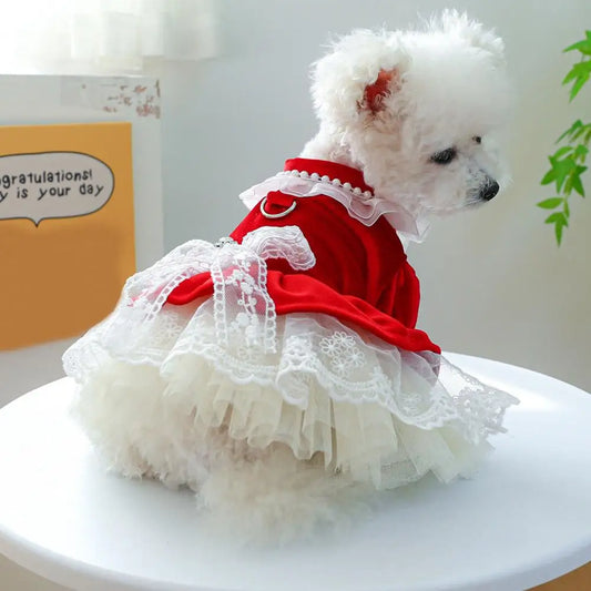 Dog Princess Dress with Bow Tie, Lace Trim, Mesh Stitching, Clothes for Small Dogs, Chihuahua