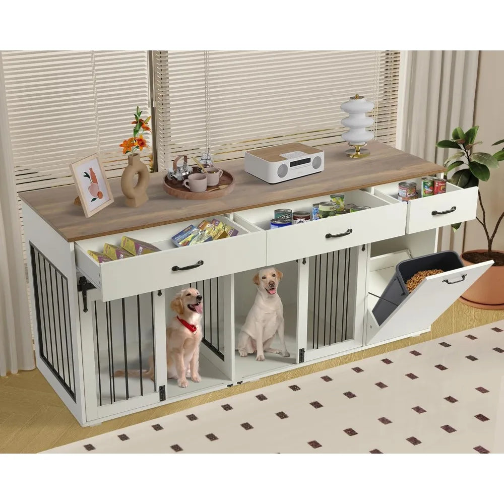 70.9 Inches Dog Crate Furniture for 2 Dogs Double Dogs Crate Wooden Heavy Duty Dog Kennel Furniture TV Stand with 3 Drawers