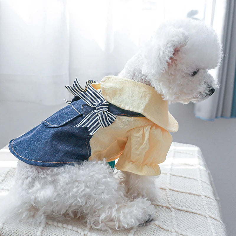 1PC Pet Apparel Spring/Summer/Autumn Thin Yellow Denim Bow Strap Princess Dress Suitable for Small and Medium sized Dogs