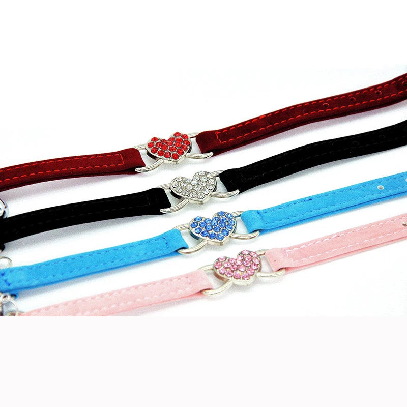 Cat Collar Crystal Elastic Collar Velvet Bell Heart Shape Collar Pet Necklacce Soft Bell Stretch Pet Kitten Collars  Adjustable