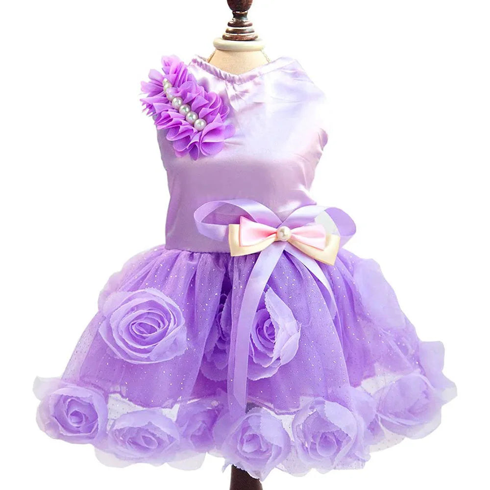 Pet Small Dog Wedding Dress with Bowknot Birthday Party Costume Satin Rose Pearls Girl Formal Dress for Puppy Dog Cat Tutu Dress