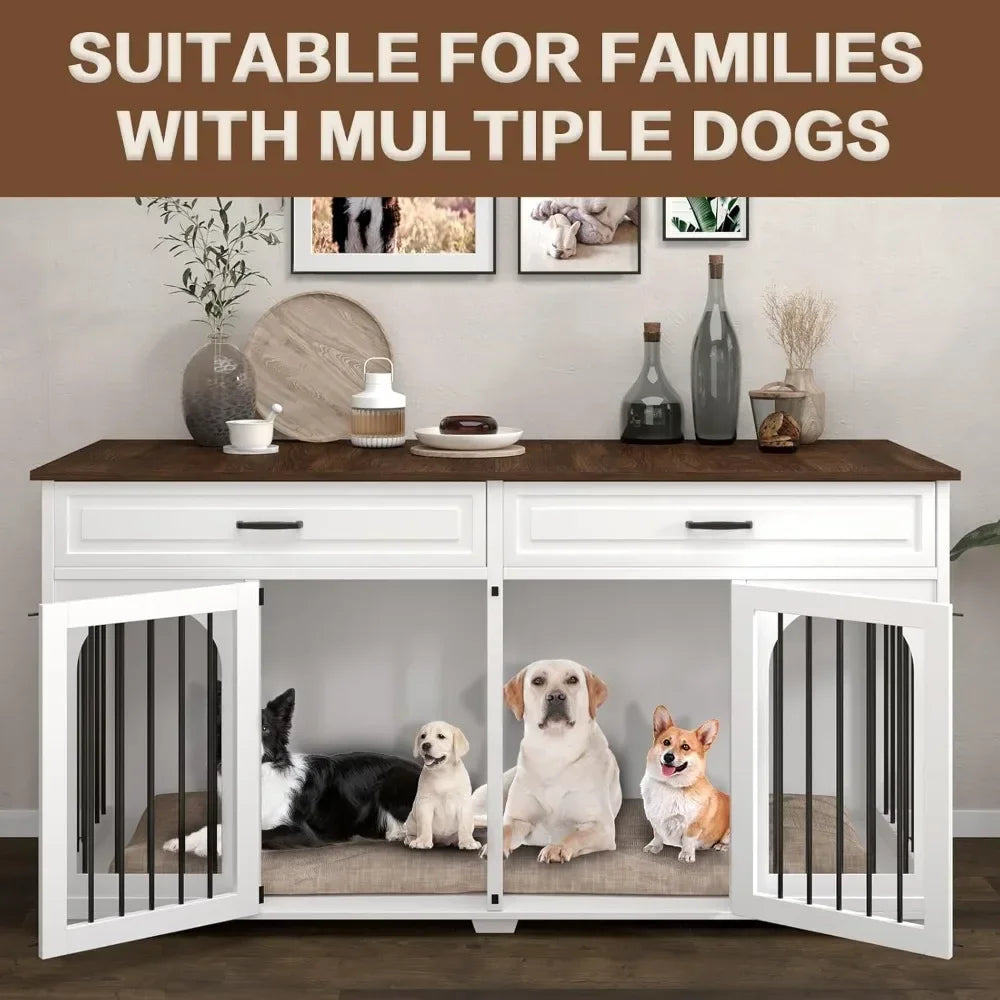 Large Dog Crate Furniture, 74.8" Dogs Kennel Cage for 2 Large Medium Dogs, Wooden Double Dog Crates Furniture Style TV Stand