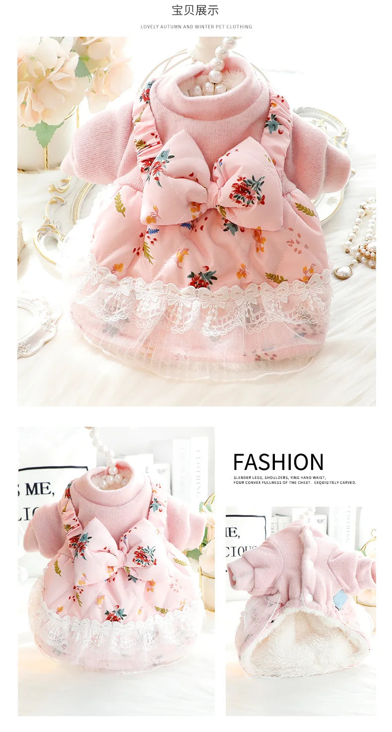 Vêtements pour chiens automne hiver robe chat princesse jupe rose bleu nœud papillon floral vêtements rembourrés en coton vêtements chauds pour animaux de compagnie