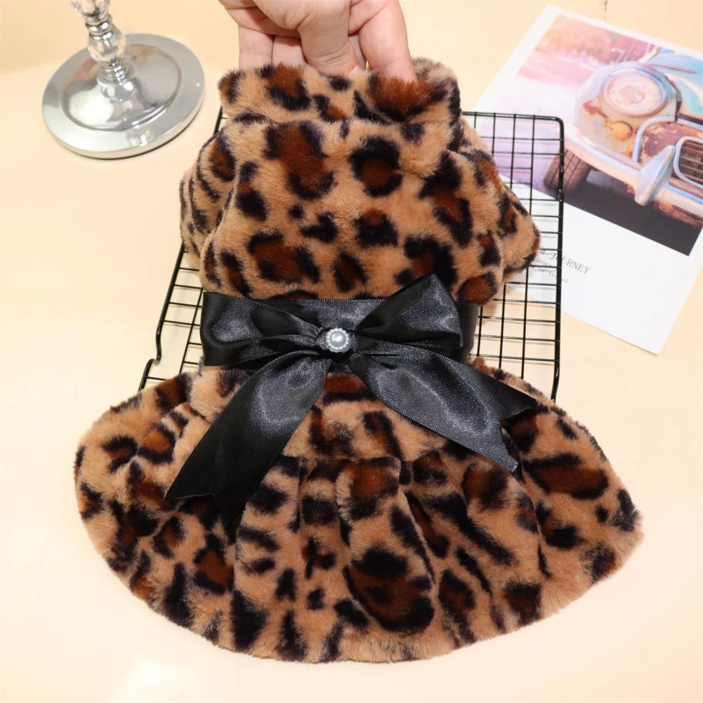 Winter Pet Clothes Elegant Luxury Fur Dress Warm Overcoat Small Dog Cat Clothes Bowknot Leopard Chihuahua Princess Party Dress