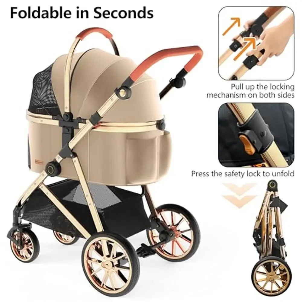 3-in-1 Luxury Pet Stroller Electroplated Gold Mirror Finish Carrier Dogs Cats Medium Small Shock Absorption Safety Wheel Locks