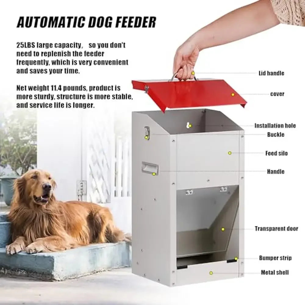 Large Breed Dog Food Dispenser Gravity Feeder 25lbs Galvanized Steel Automatic Pet Feeder Handles Outdoor Wall Mount Easy Move