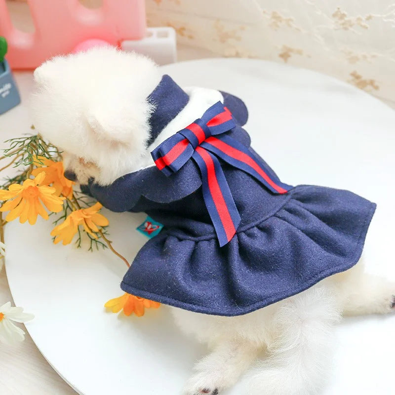 1PC Pet Clothes Cat Autumn/Winter Thickened Petal Collar Bow Princess Dress Navy Blue Suitable for Small and Medium Dogs