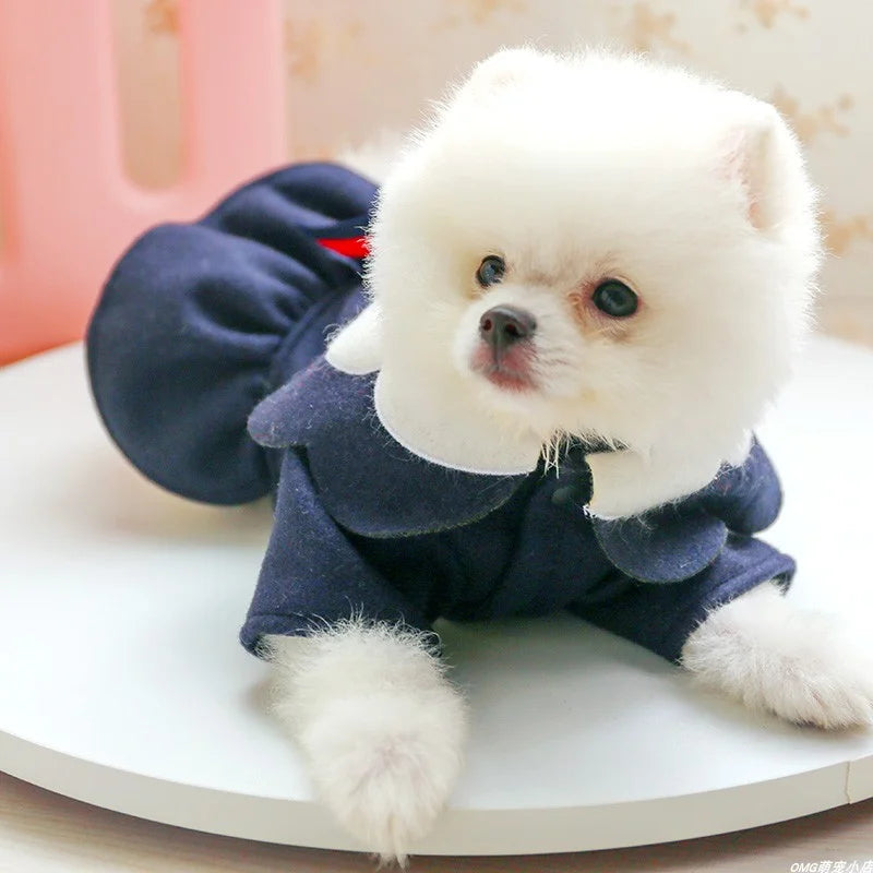 1PC Pet Clothes Cat Autumn/Winter Thickened Petal Collar Bow Princess Dress Navy Blue Suitable for Small and Medium Dogs