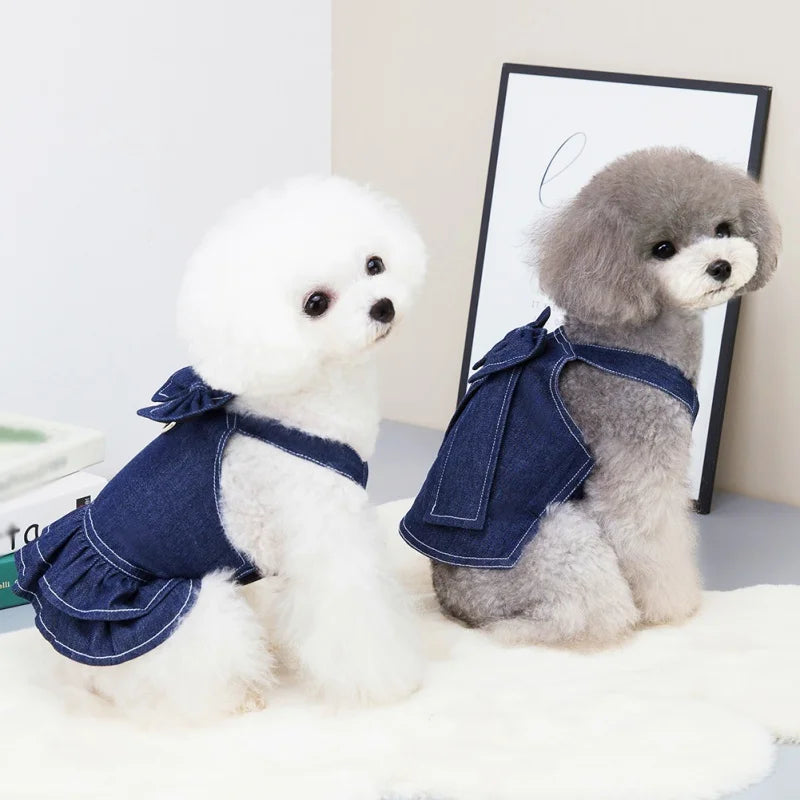 Pet Denim Dress Spring Summer Comfortable Puppy Summer Dress for Small Medium Dog Cats Cute Bow-Knot Dog Skirt