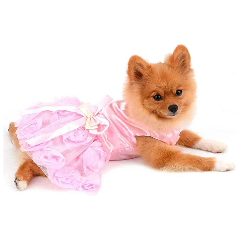 Pet Small Dog Wedding Dress with Bowknot Birthday Party Costume Satin Rose Pearls Girl Formal Dress for Puppy Dog Cat Tutu Dress