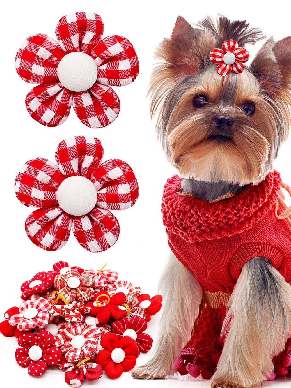 10/20pcs Flower Dog Hair Bow Red Style Valentine's Day Decorate Dog Bowknot with Rubber Bands for Small Dog Puppy Accessories