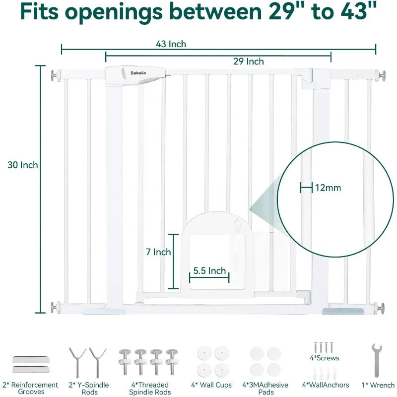 Baby Gate with Adjustable Cat Door, 29-43" Auto Close Durable Dog Gate for Stairs, Doorways and House,