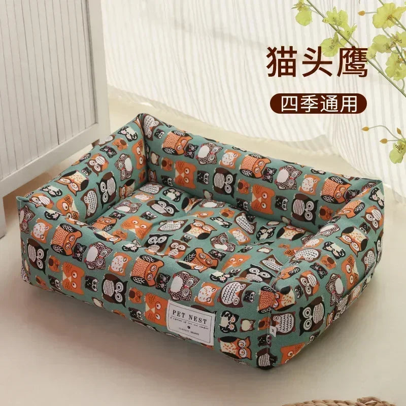 Plaid Printing Soft Removable&Washable Dog Bed Fabric Skin-Friendly Cotton&Linen Breathable Pet Sofa Square Cat Litte Dog Bed