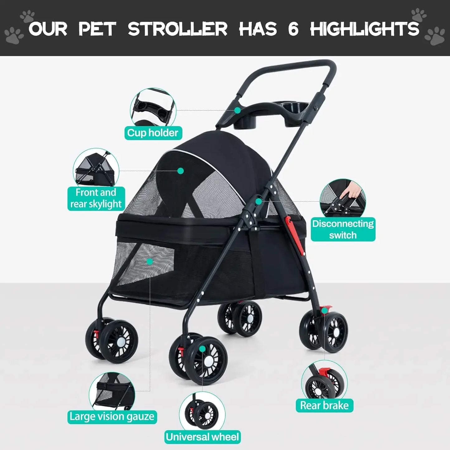 Wheels Dog Cat Stroller,Pet Folding Stroller,Foldable Dog Cat Cage Jogger Stroller with Storage Basket and Cup Ho