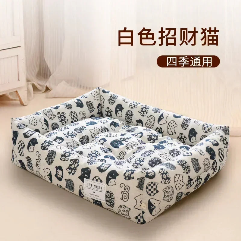 Plaid Printing Soft Removable&Washable Dog Bed Fabric Skin-Friendly Cotton&Linen Breathable Pet Sofa Square Cat Litte Dog Bed