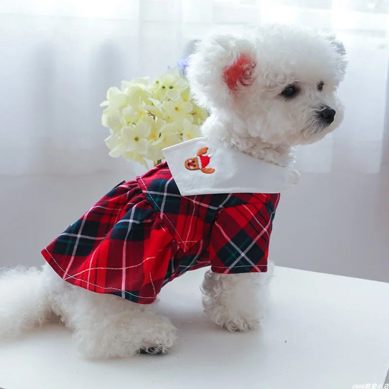 1PC Pet Clothes Spring and Autumn Red Christmas Elk Plaid Princess Skirt Suitable for Small and Medium sized Dogs