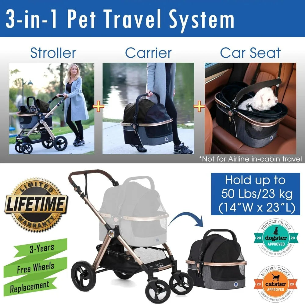 Pet Rover Prime 3-in-1 Luxury Dog/Cat Stroller (Travel Carrier + Car Seat +Stroller) with Detach Carrier/Pump-Free Rubber Tires