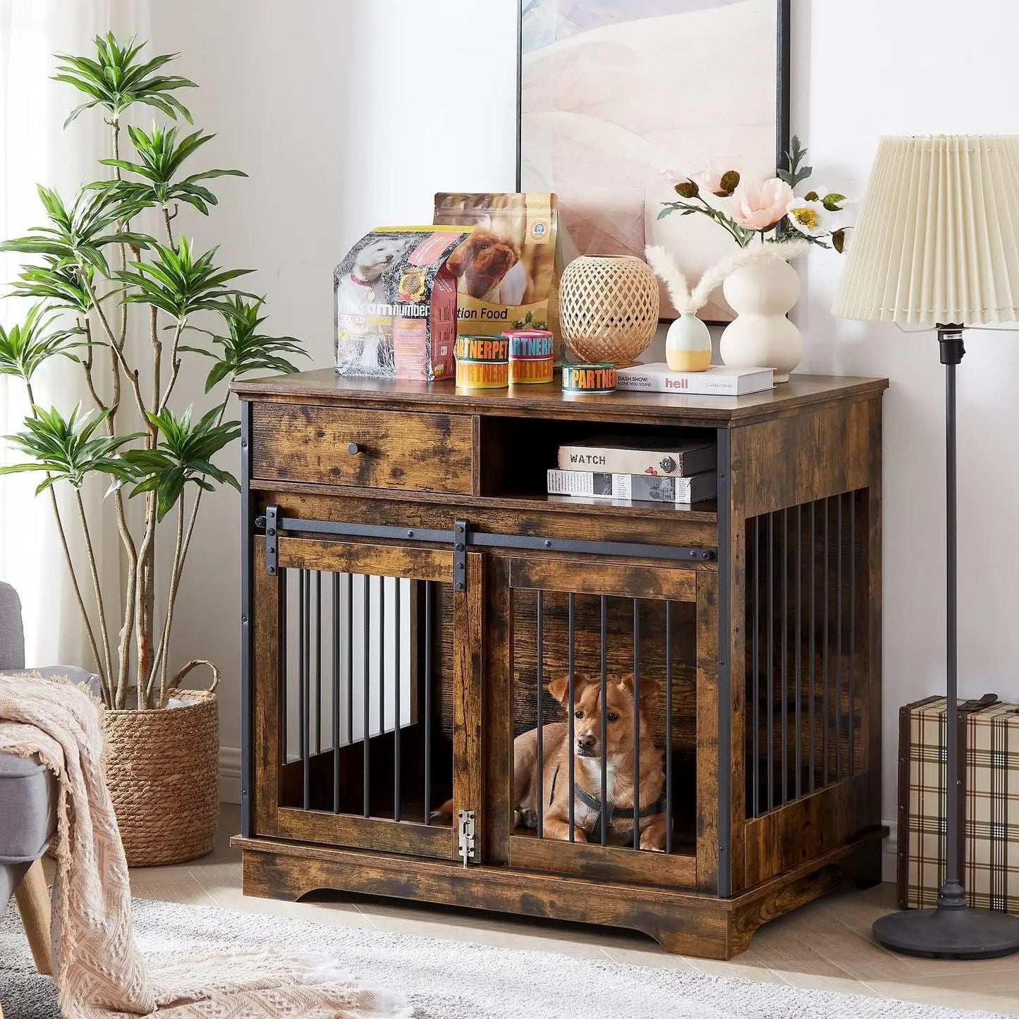 Dog Crate, Wooden Dog Kennel End Table with Drawer and Storage with Sliding Barn Door, Easy Installation, Dog Crate Indoor