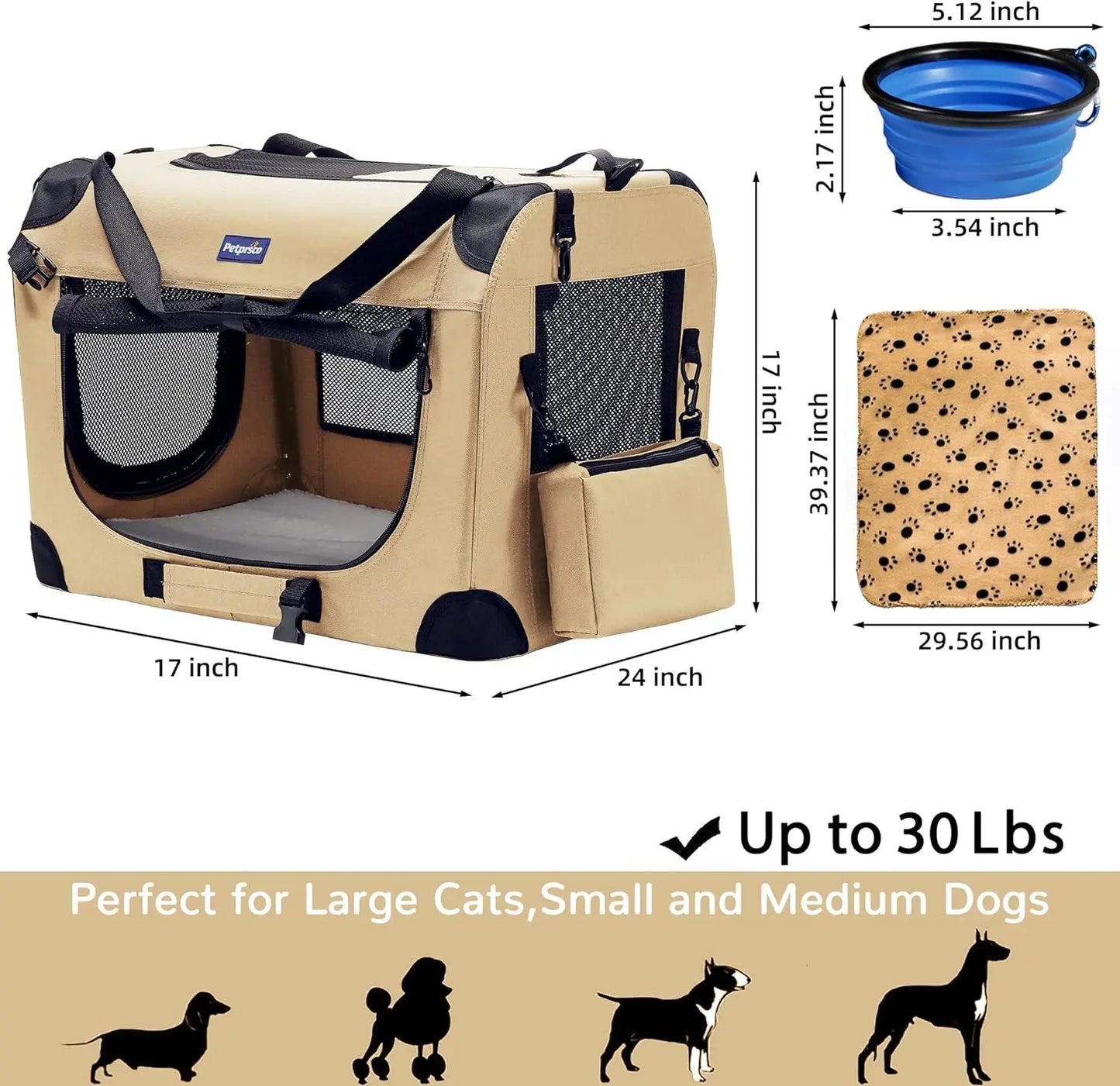 Portable Folding Dog Crate with Soft Warm Blanket, Folding Bowl for Indoor and Traveling, Feline Backpacks