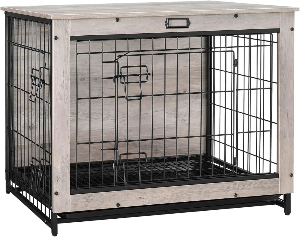 HOOBRO Dog Crate Furniture, 32.5" Medium Dog Kennel Indoor, Wooden Crate with Pull-Out Tray, Double Doors Dog House