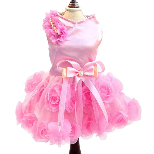 Pet Small Dog Wedding Dress with Bowknot Birthday Party Costume Satin Rose Pearls Girl Formal Dress for Puppy Dog Cat Tutu Dress