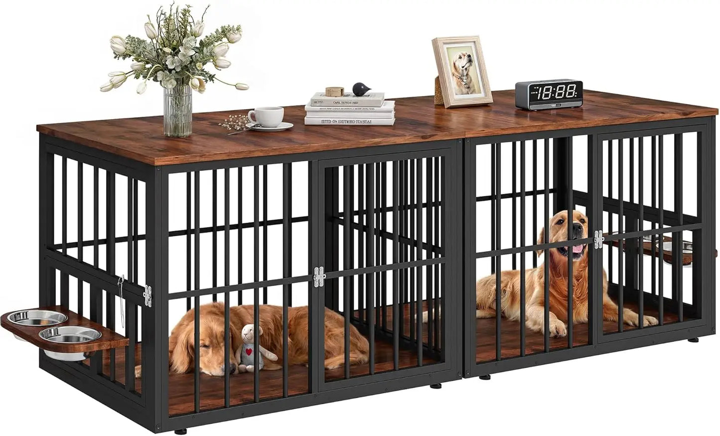 Large Corner Dog Crate Furniture for 2 Dogs 4 Combination Forms Wooden Dog Kennel Dog Bowls & 3 Doors Furniture TV Stand