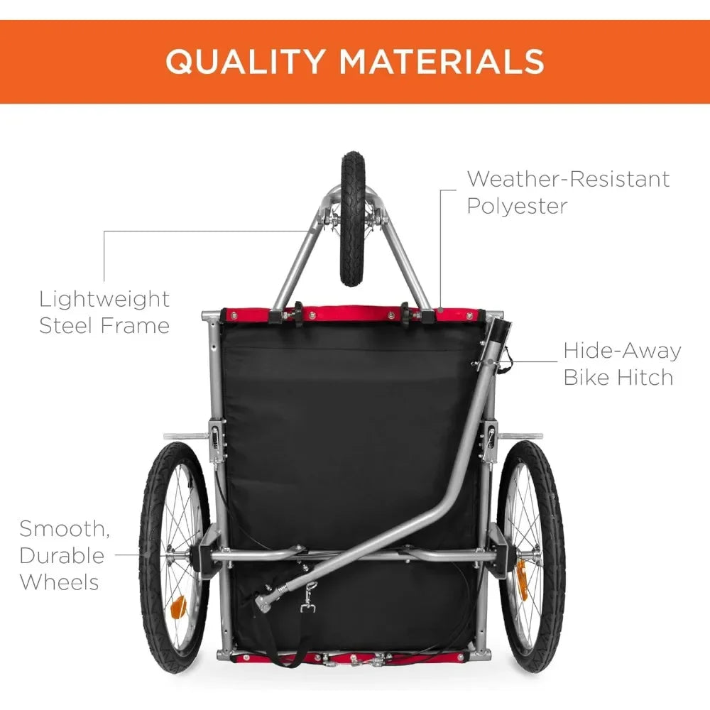 2-in-1 Dog Bike Trailer, Pet Stroller Bicycle Carrier w/Hitch, Suspension, Visibility Flag and Reflectors, 66lb Weight Capacity