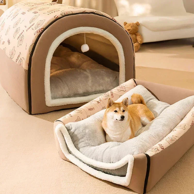 1PC Dog Cave 2 in 1 Detachable Covered Cat Bed with Ball Pendant Cat Hideaway House, Warm Washable Cozy Dog Beds for Large Dogs