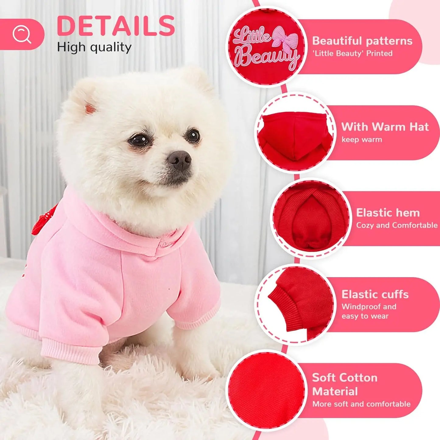 Dog Hoodie with Hat Girl Dog Sweatshirt with Leash Hole Spring Winter Doggie Clothes Puppy Dog Coat Pet Apparel for Small Dogs