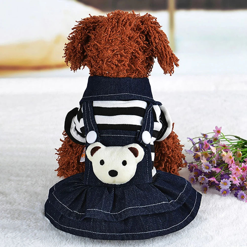 Spring Summer Pet Dog Clothes Striped Bear Cute Cat Dog Strap Denim Skirt for Puppy Yorkie Chihuahua Dresses Pet Clothing