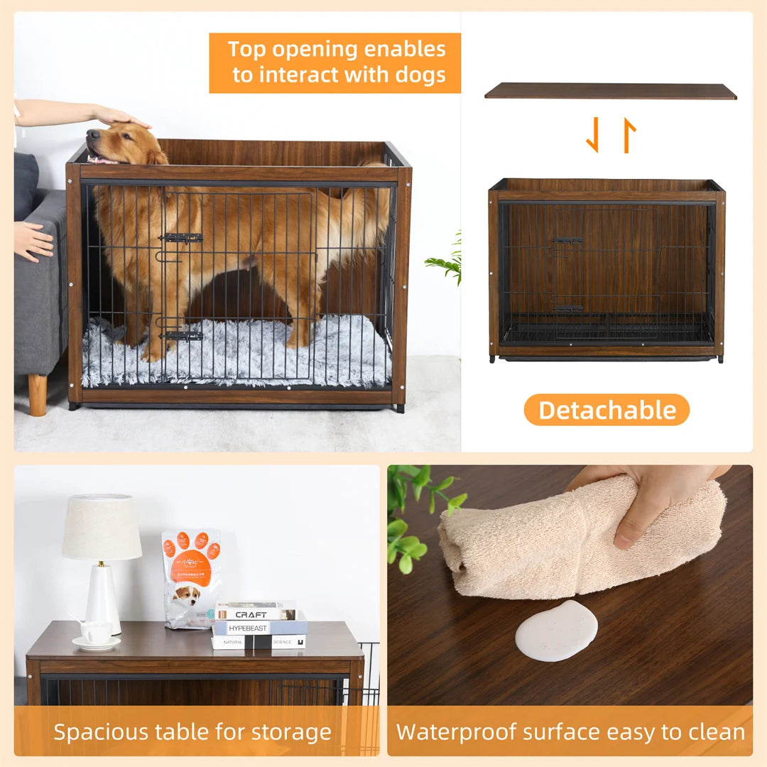 High-end Dog Crate Wooden Pet Kennel Cage End Table Indoor Furniture Brown Cage