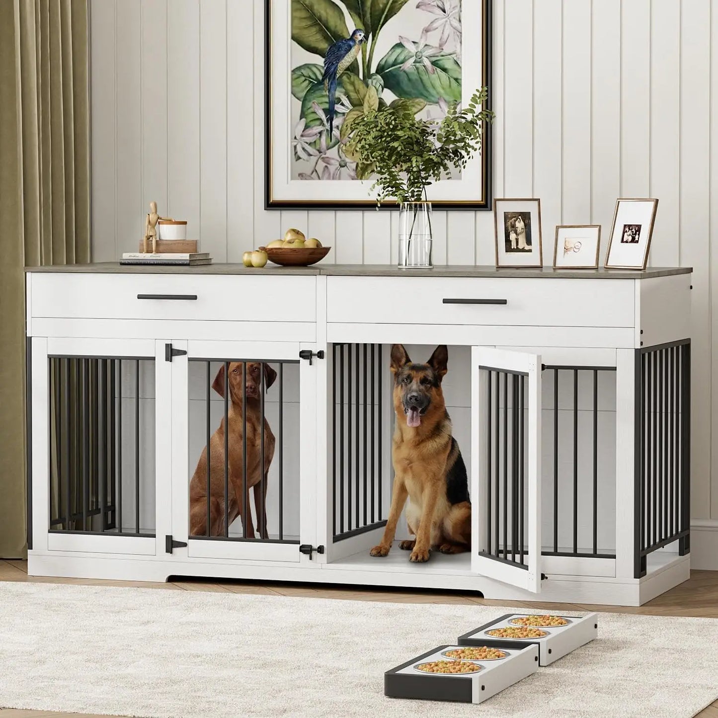 72" Dog Crate Furniture for 2 Dogs, Large Dog Kennel Furniture with 2 Storage Drawer and Removable Divider, Wooden Dog