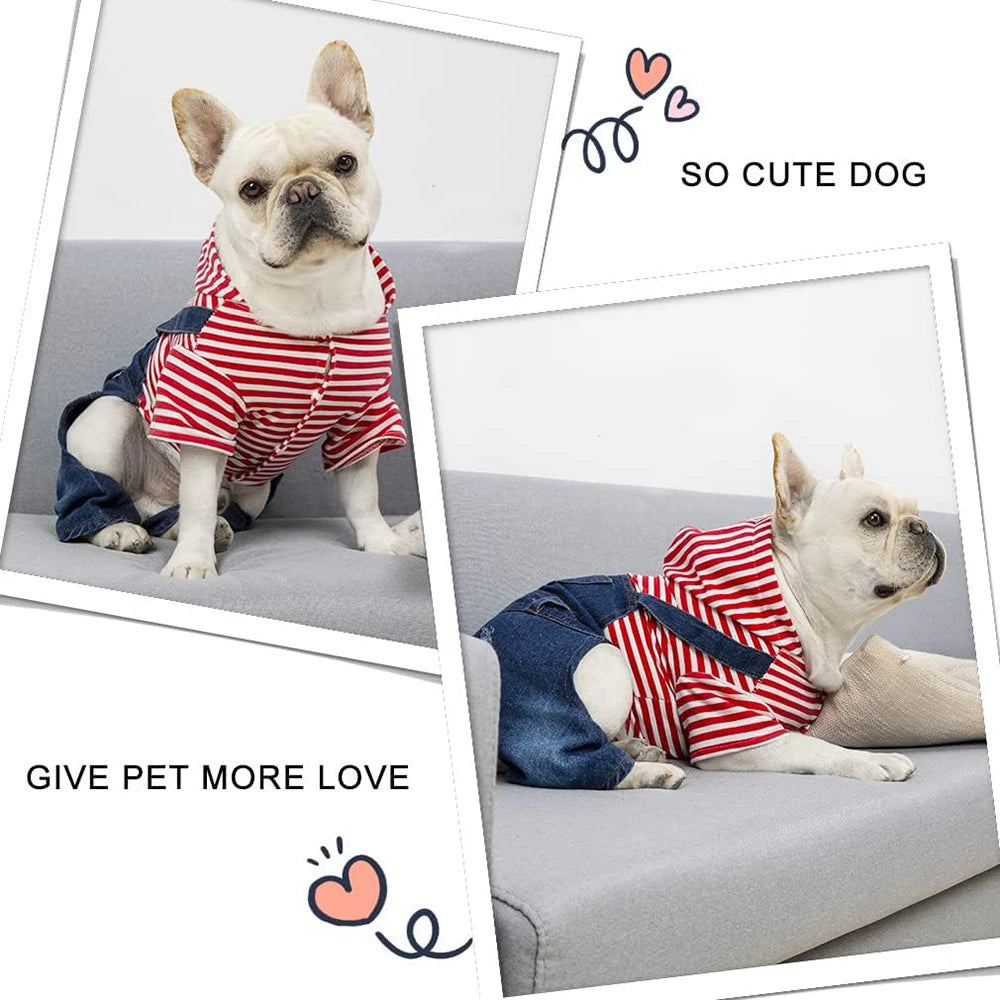 Small Dog Hoodie Clothes Stripe Shirts Denim Jumpsuit Outfit for Small Medium Dogs Cats Boy Girl Blue Jeans Overalls for Puppy