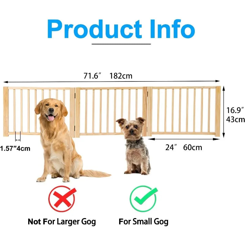 Freestanding Wooden Dog Gates -Foldable Pet Gate Indoor Dog Fence, Dog Gate for Doorways, House, Stairs, Halls-3 Panel