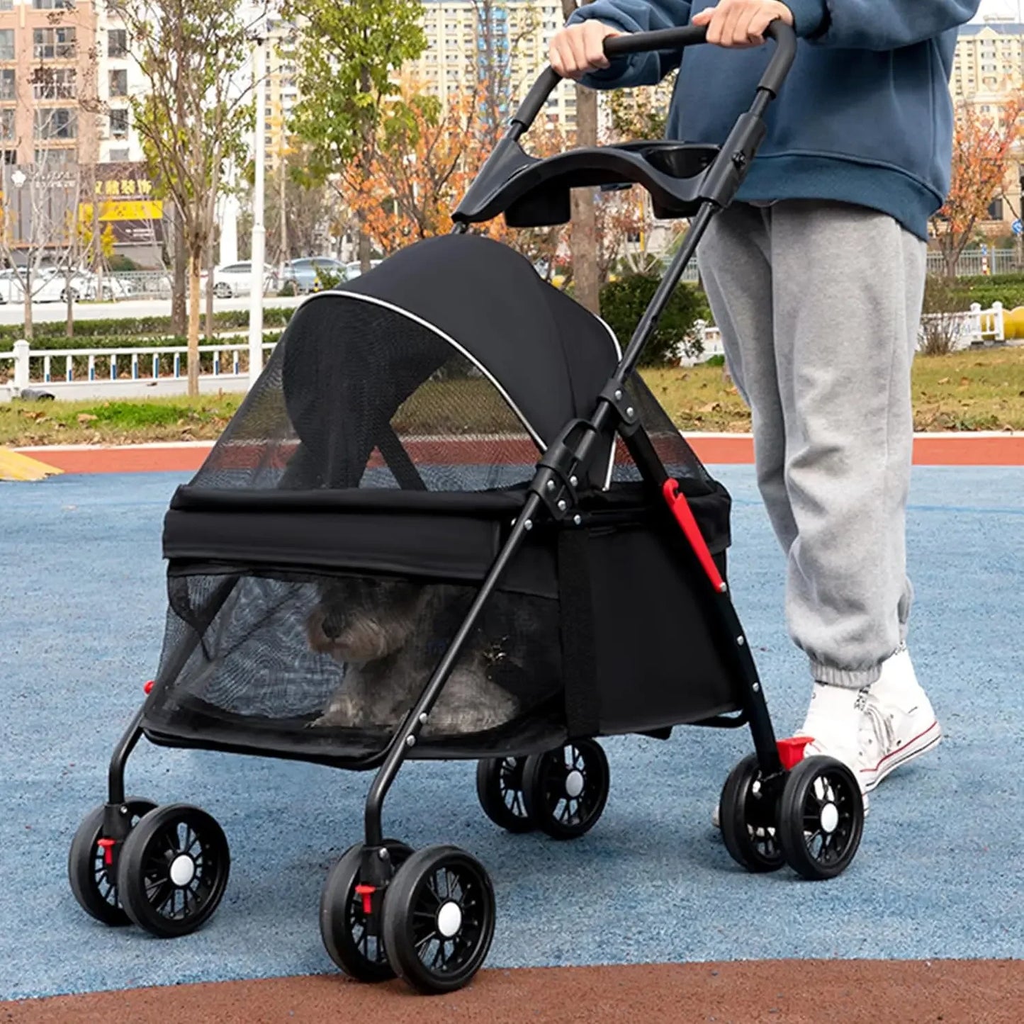 Wheels Dog Cat Stroller,Pet Folding Stroller,Foldable Dog Cat Cage Jogger Stroller with Storage Basket and Cup Ho