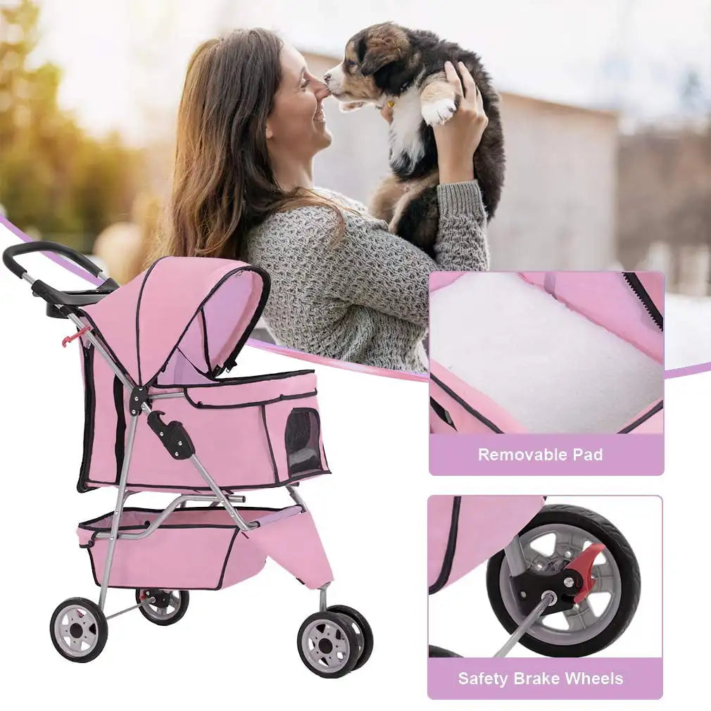 3 Wheels Pet Stroller Dog Cat Stroller for Small Medium  Travel Folding Carrier rotated 360°,have hooded Peak Top Window