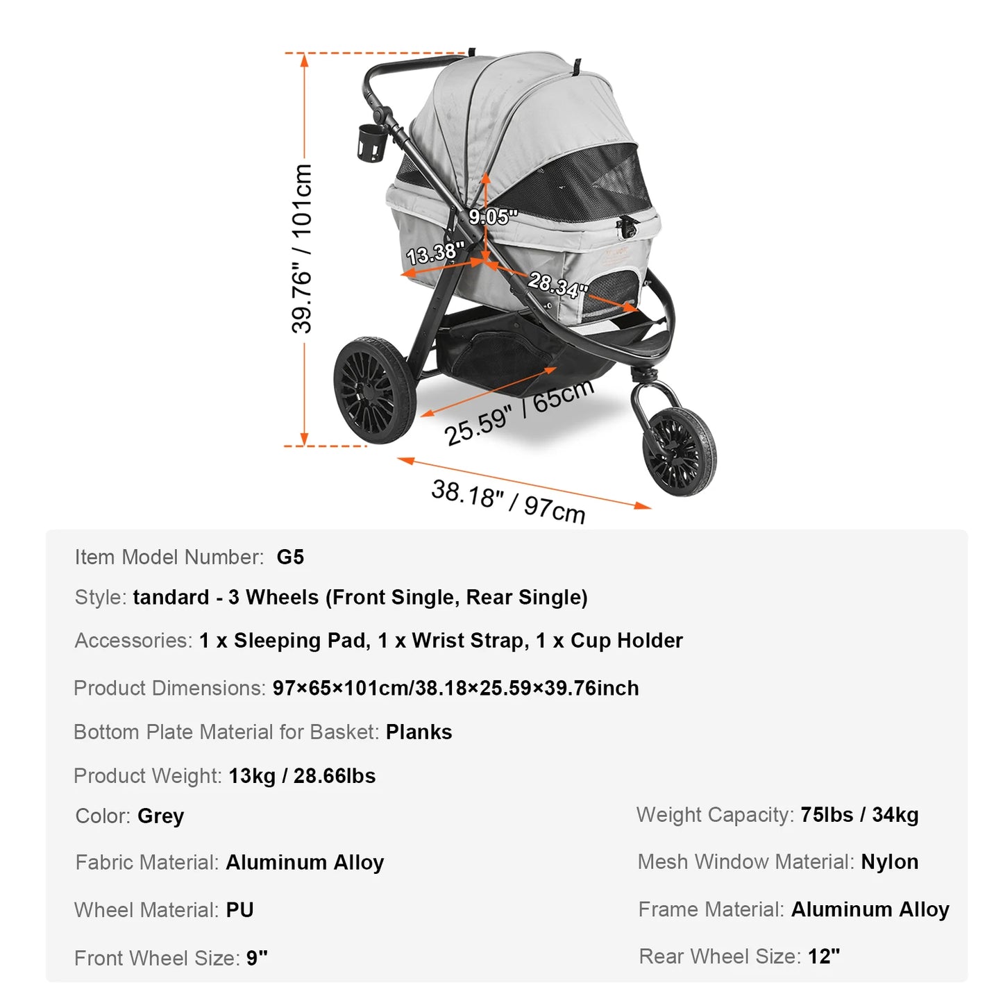 VEVOR 75 lbs Pet Stroller 3 PU Wheels Dog Puppy Stroller Rotate with Brakes Storage Basket Cup Holder for Small Medium Dogs Cats