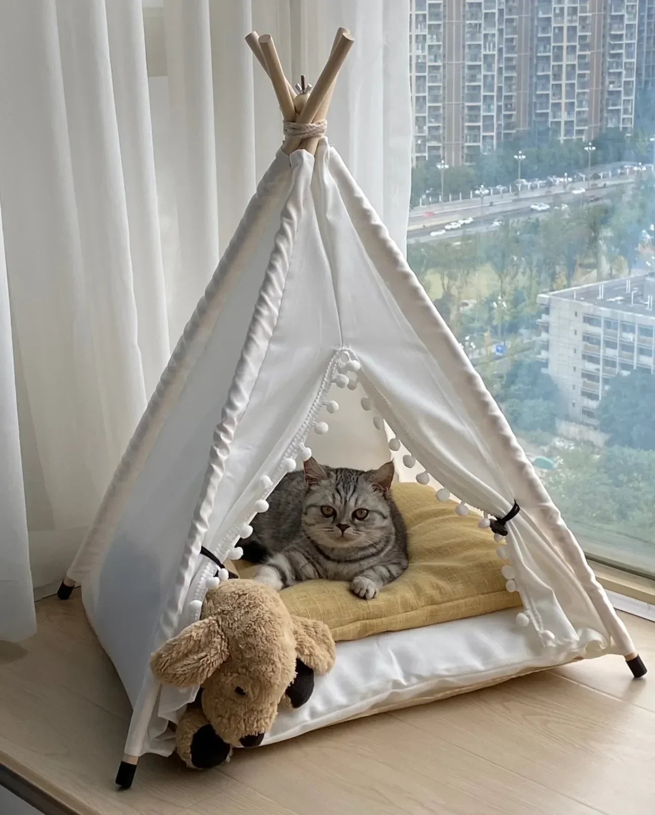 Pet Tent House Dog Bed Portable Removable Washable Teepee Puppy Cat Indoor Outdoor Kennels Cave with Cushion and Blackboard