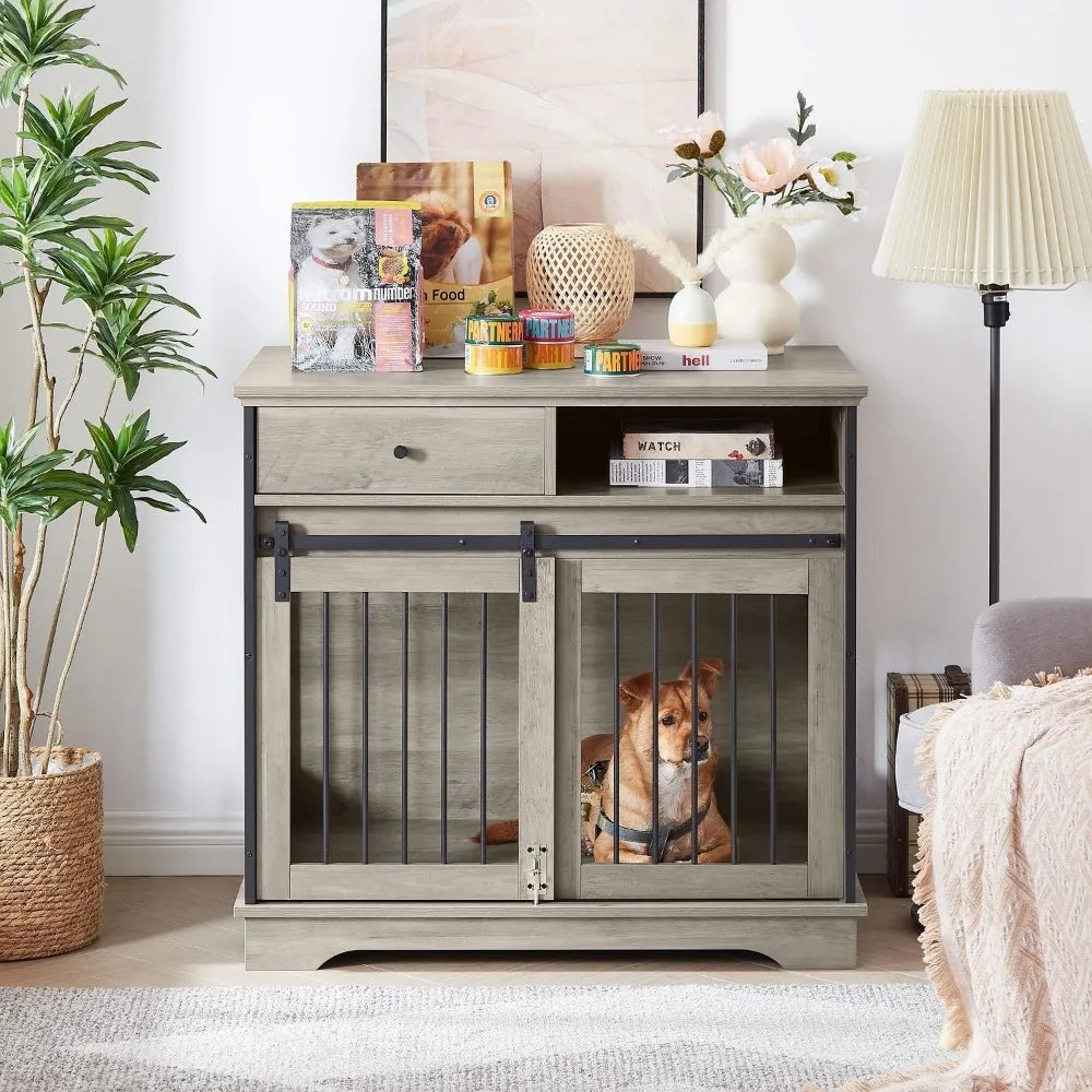 Dog Crate, Wooden Dog Kennel End Table with Drawer and Storage with Sliding Barn Door, Easy Installation, Dog Crate Indoor