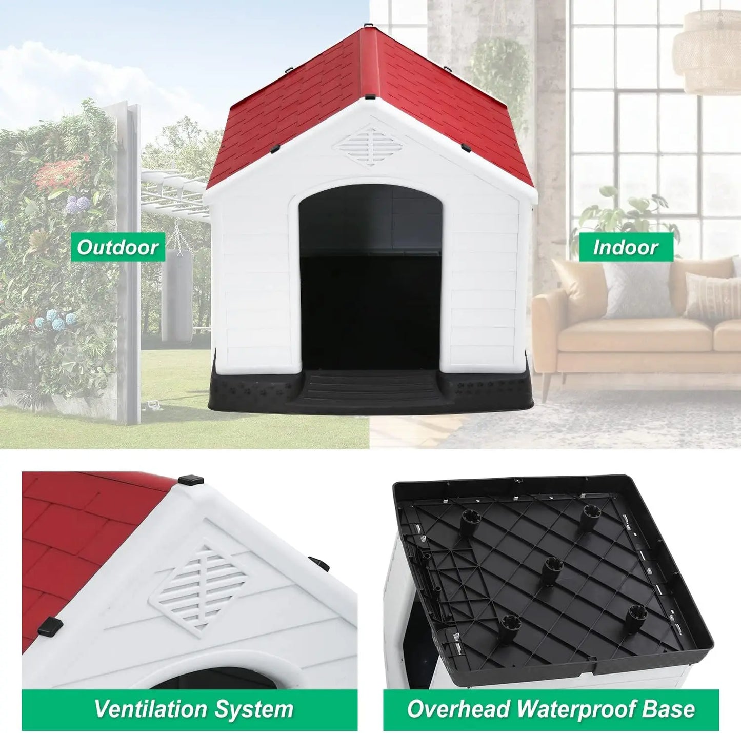 FDW Dog House Indoor Outdoor Durable Ventilate Waterproof Pet Plastic Dog House for Small Medium Large Dogs Insulated Puppy