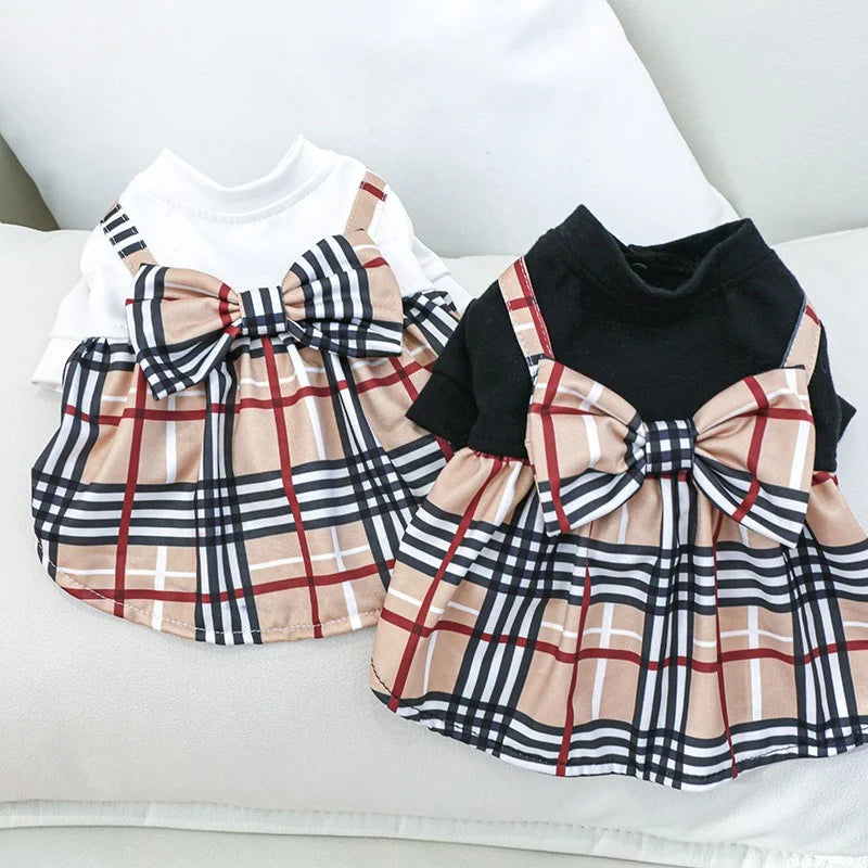 1PC Pet Clothes Cat Spring/Summer Thin White Spliced Bow Plaid Dress Suitable for Small and Medium Dogs