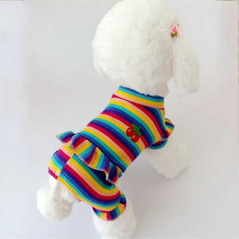 Rainbow Strip Puppy Clothes Cherry Pattern Dog Hoodies Jumpsuit Princess Pajamas For Small Medium Dogs Yorkshire Pet Cat Pyjamas