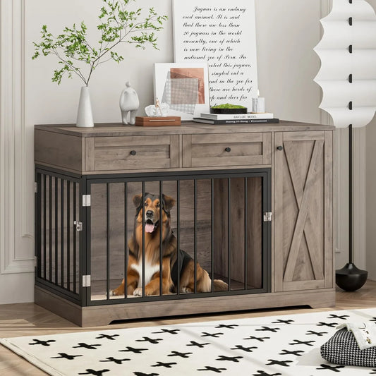 US Dog Crate Furniture Kennel with Double Doors Wooden Pet House with 2 Drawers and Storage Cabinet, Indoor Dog