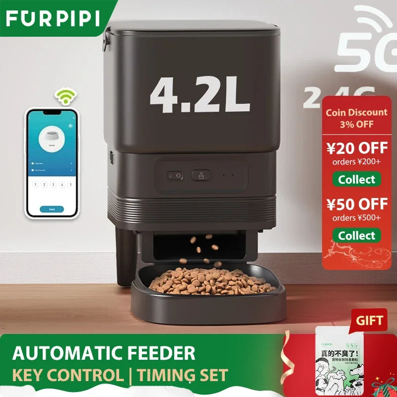 Automatic Feeder for Cat Dog 5G WiFi Smart Cat Feeder Feed Time Setting for Pets Dogs Cats Food Automatic Dispenser Bowl Furpipi