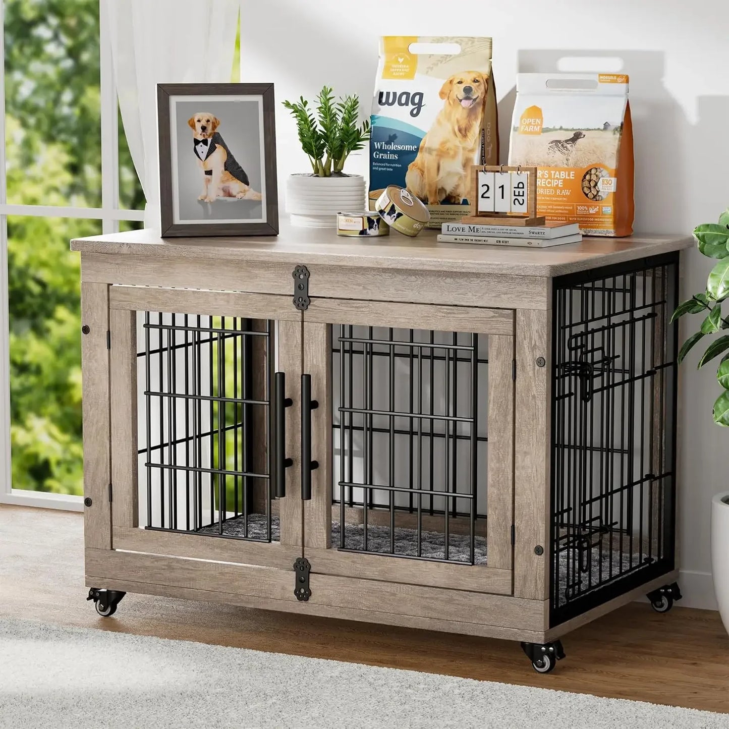 Dog Crate Furniture with Cushion , Large Wooden Dog Kennel Indoor with Double Doors,  Cage with Wheels, House