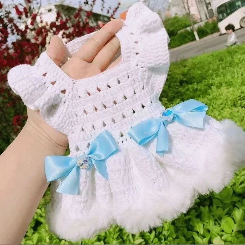 Cat and Dog Dress Autumn Winter Princess Dress Pink Blue Bow Hollow Out Sweater Dress  Fashion Two Legged Pet Clothing