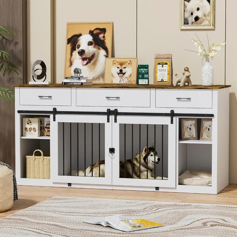 Large Dog Crate Furniture, 70.9" Dogs Crate Kennel with 3 Drawers and Divider, Indoor Extra Large Dog Kennel Furniture TV Stand