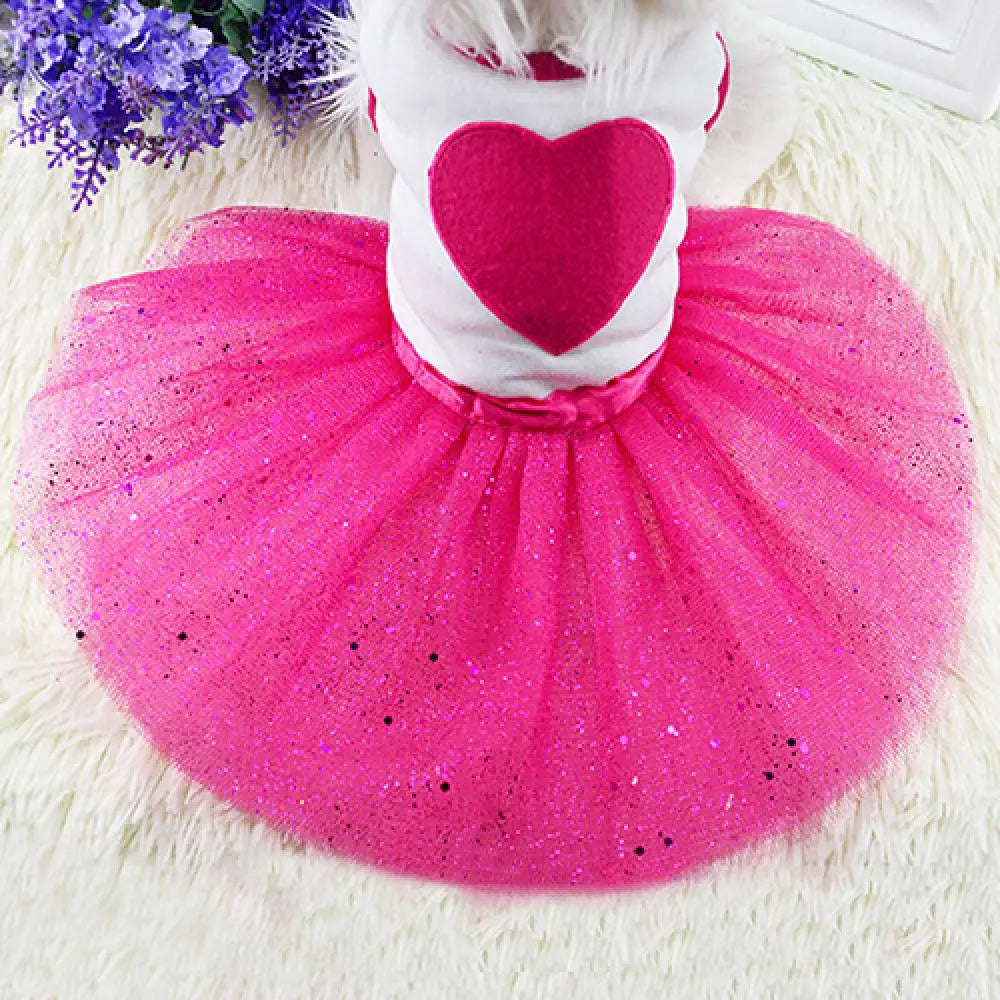 Pet Dog Love Heart Sequins Gauz Dress Skirt Puppy Cat Rose Red Clothes