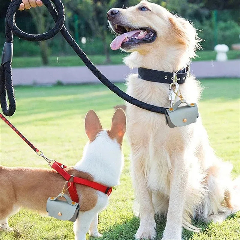 Stylish Dog Poop Pickup Bag Dispenser with Leash Clip Portable Leather Puppy Dogs Poop Bag Holder Outdoor Walking Pet Supplies