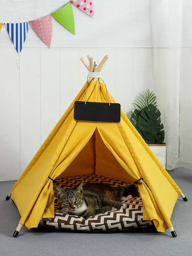 Pet Tent House Dog Bed Portable Removable Washable Teepee Puppy Cat Indoor Outdoor Kennels Cave with Cushion and Blackboard